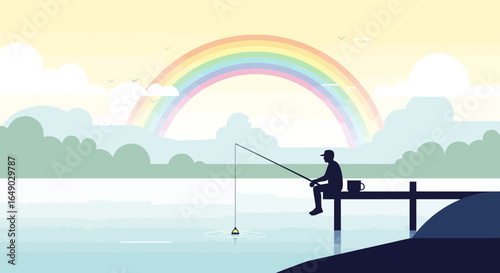 Peaceful Rainbow Fishing On The Lake Silhouette Background Vector Illustration