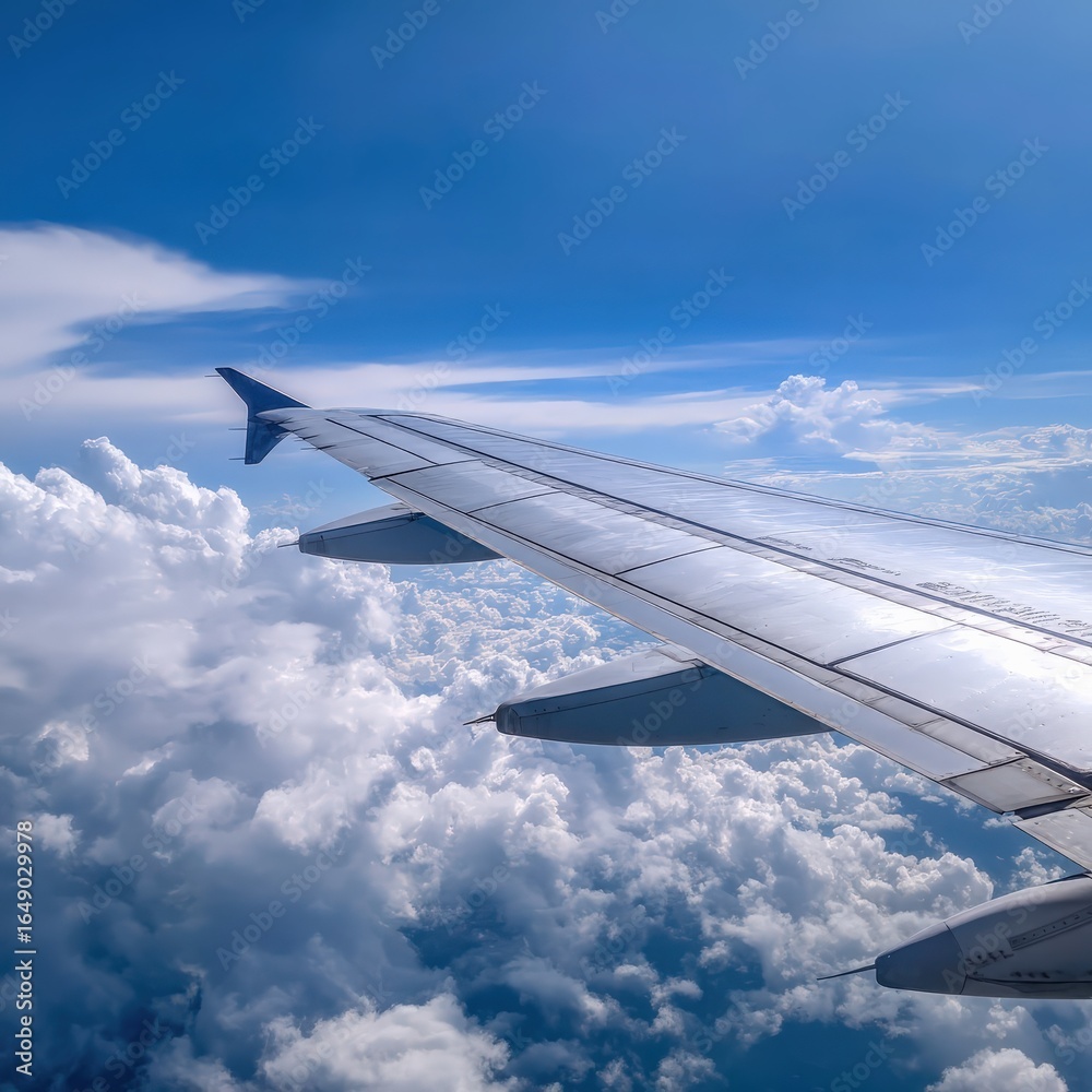 Obraz premium A view from an airplane wing above fluffy clouds under a bright blue sky, showcasing the beauty of air travel and nature.