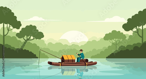 Peaceful River: Fisherman On Raft In A Verdant And Lush Tropical Landscape