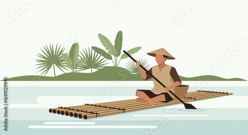 Peaceful River Ride A Man on a Bamboo Raft in Nature Scenery