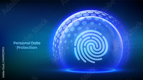 Personal data protection. Biometrics identification. Cyber security. Password control. Fingerprint icon inside transparent sphere shield with hexagon pattern on blue background. Vector illustration.