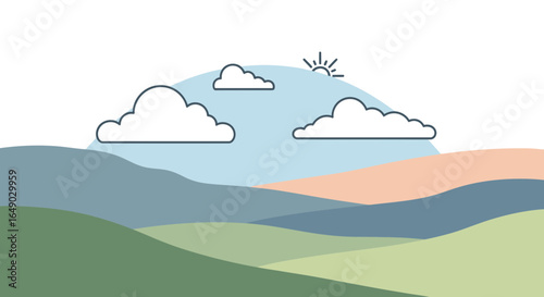 Peaceful Rolling Hills Landscape Under A Bright Sky With Floating Clouds