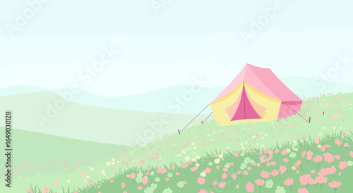 Pastel Summer Meadow Landscape With Tent For Camping Adventures And Vacations