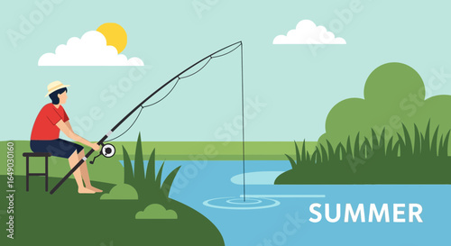 Peaceful Scene of Summer Fishing in Nature's Calm Embrace On Sunny Day