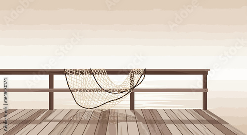 Peaceful Scene Of Fishing Net Hanging From Wooden Pier Overlooking Sea