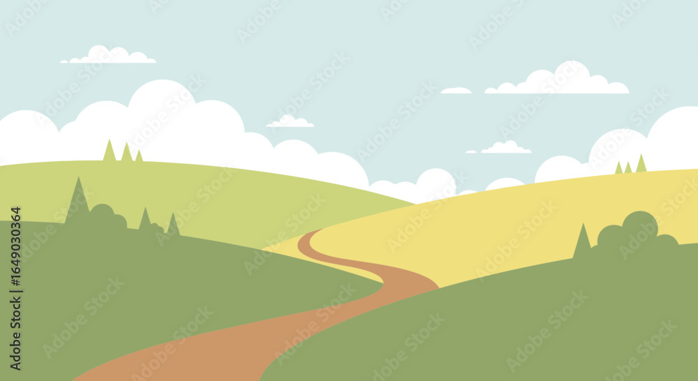 Obraz premium Pastoral Landscape Illustration with Rolling Hills And Serene Sky Overhead