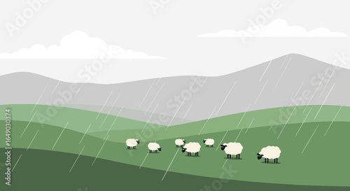 Pastoral Scene With Sheep Grazing In The Rain With Mountain Backdrop