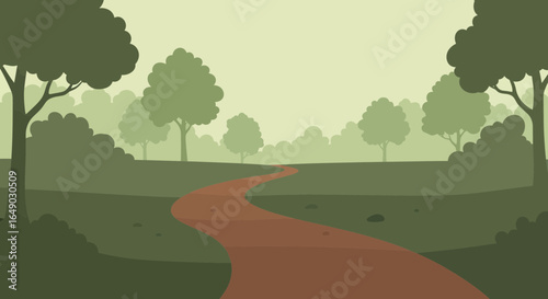 Pathway Through Shaded Forest Woodland Landscape Vector Illustration Design