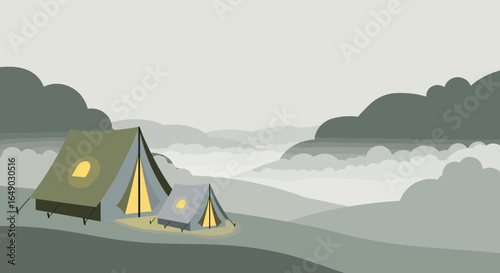Peaceful Tents In Foggy Mountains Landscape For Adventure Or Family Holiday