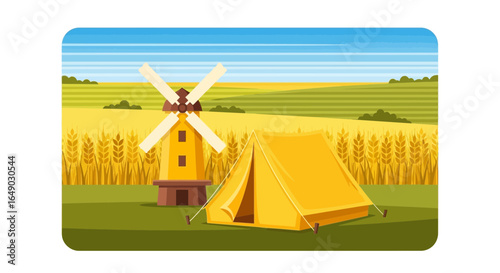 Peaceful Vacation Scene With Golden Tent And Windmill Under A Bright Sky