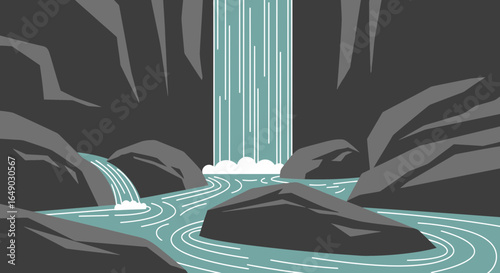 Peaceful Waterfall Scene In Rocky Cliff With Smooth Waters And Illustration Style