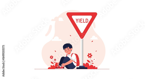 Pause To Consider Schoolboy Leaning Against Yield Road Sign Flat Illustration