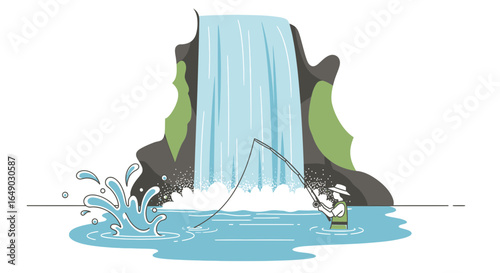 Peaceful Adventure Angler Enjoying Fishing Under Majestic Waterfall Setting