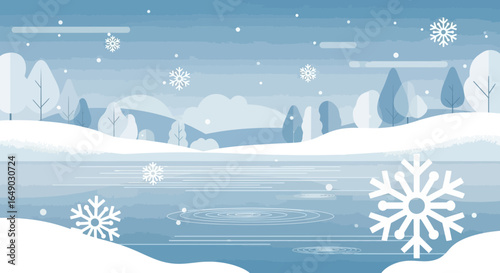 Peaceful Winter Landscape With Snowflakes And Trees In Flat Design Style
