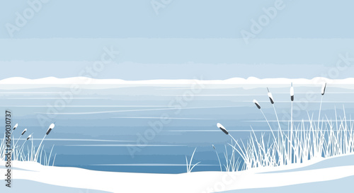 Peaceful Winter Landscape With Frozen Lake And Cattails In Minimalist Style