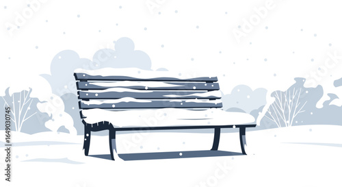 Peaceful Winter Scene Of A Park Bench Covered With Fresh Snowfall