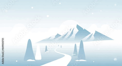 Peaceful Winter Landscape With Snowcapped Mountain And Simplistic Trees Vector