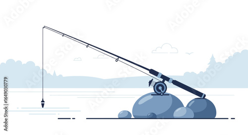 Peaceful Angling Rod Scene With Calm River And Serene Landscape Elements