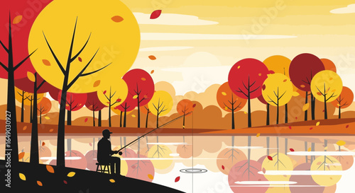 Peaceful Autumnal Fishing Scene By The Lake With Reflections Illustration