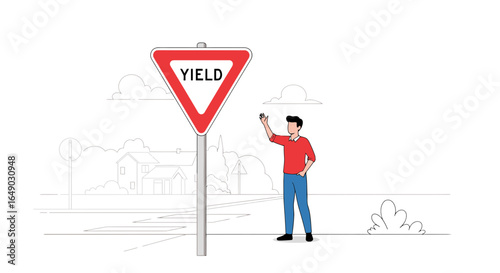 Pedestrian Approaching a Yield Sign on Suburban Street Concept Illustration
