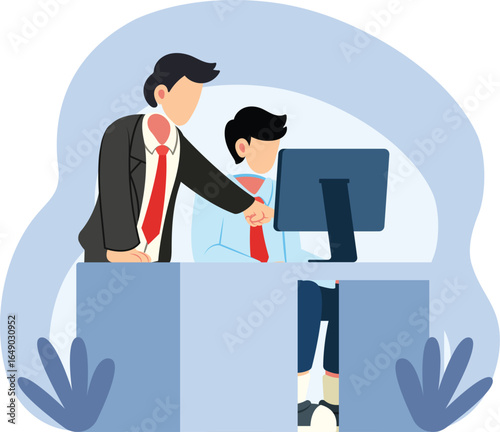 Boss guiding employee at office desk illustration
