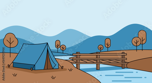 Peaceful Campground By The River, Surrounded With Trees And Mountains
