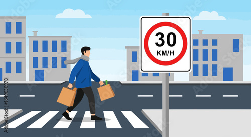 Pedestrian Crossing Cityscape Holding Shopping Bags Near Speed Limit Sign