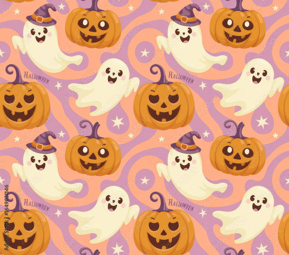 Fototapeta premium Cute Halloween Ghost and Pumpkin Seamless Pattern — Pastel Kawaii Spooky Background for Kids and Party Decor