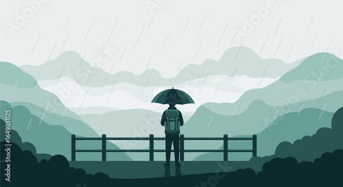 Pensive Hiker Gazing at Mountains Under Rain with Umbrella Graphic Scene