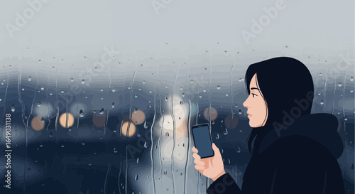 Pensive Mood Girl Contemplates Outside View Through Rainy Glass Window On Mobile