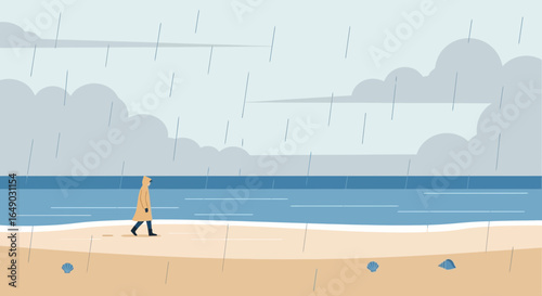 Pensive Stroll On A Beach In Rain, Simple Flat Vector Illustration