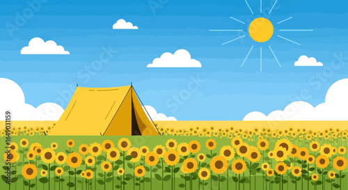 Peaceful Camping Adventure In A Vibrant Sunflower Field Under Sunny Sky