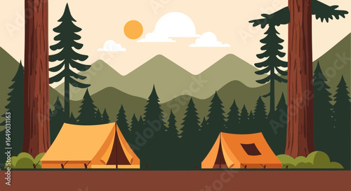 Peaceful Camping Adventure In Forest With Tents And Mountain Backdrop