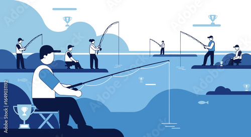 People Enjoying a Fishing Competition on Boats in Blue Flat Vector Illustration