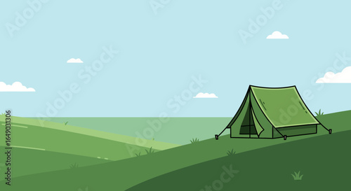 Peaceful Camping Adventure On Green Hills Under A Sunny Sky