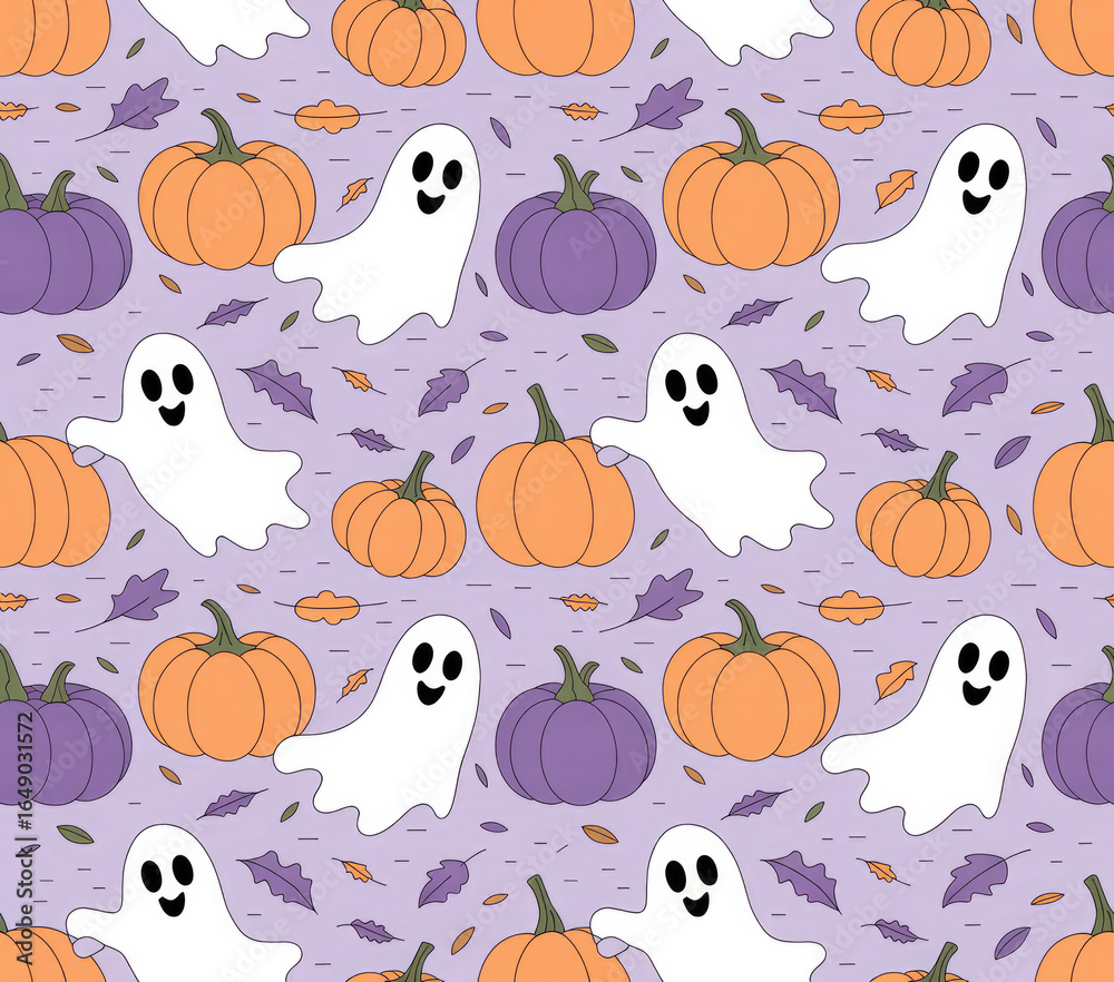 Naklejka premium Cute Halloween Ghost and Pumpkin Seamless Pattern — Pastel Kawaii Spooky Background for Kids and Party Decor