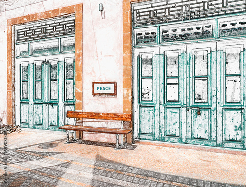 Peace sign above a bench in the Ledra Street in Nicosia, near the green line border,  in the colors of the flag of Cyprus