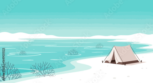 Peaceful camping by the icy lake in a serene winter landscape vector illustration scene