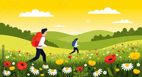 People Trekking Through Flowery Field During Sunny Day Adventure Lifestyle
