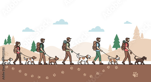 People Walking Dogs On A Trail Adventure Outdoors With Paw Prints Vector Design