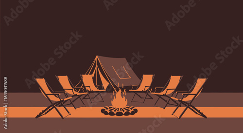 Peaceful Camping Experience With Campfire Chairs And Tent At Night