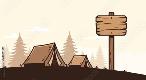 Peaceful Camping Ground With Tent Forest And Wooden Sign Cartoon Illustration