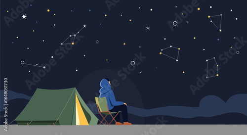 Person Camping Under Starry Night Sky Gazing At Constellations With Tent