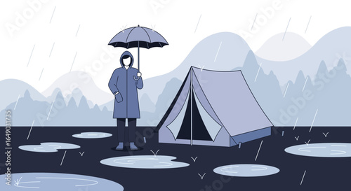 Person Camping In The Rain Holding An Umbrella Near Tent Surrounded By Puddles