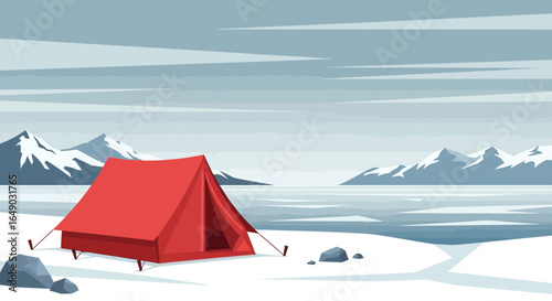 Peaceful Camping Retreat Amidst Winter Landscape With Red Tent And Snowy Mountains