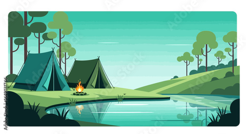 Peaceful Camping Retreat By The Lake With A Campfire Under Green Trees