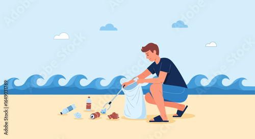 Person Cleaning Up Trash on Sandy Beach Against Scenic Backdrop With Blue Sea