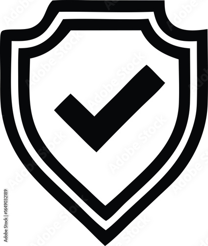 Black and white shield icon with a bold checkmark inside symbolizing security approval and verified status for digital and physical safety