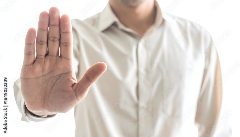 Naklejka premium Man Holding Palm Forward in Stop Gesture