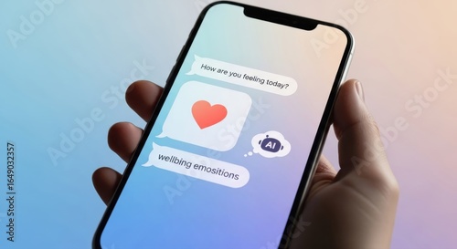 Smartphone screen displaying an AI chat about emotional wellbeing and how are you feeling today promoting mental health awareness and technological advancements